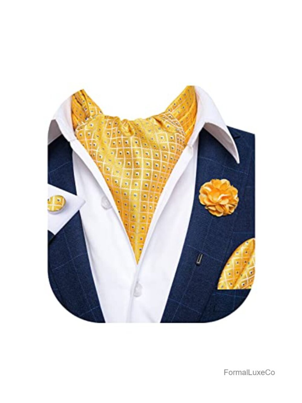 Silk Jacquard Woven Ascot Tie Set with Pocket Square, Cufflinks & Lapel Pin